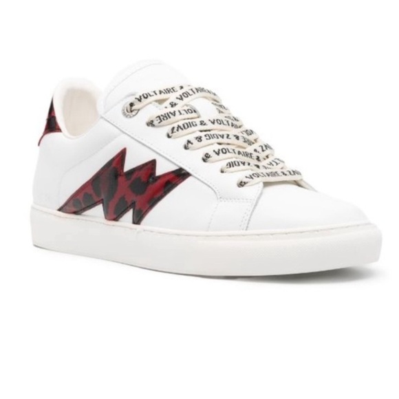 NIB Zadig & Voltaire La Flash Smooth Calfskin Sneakers 38 White Red Lightning 7 - Picture 1 of 13